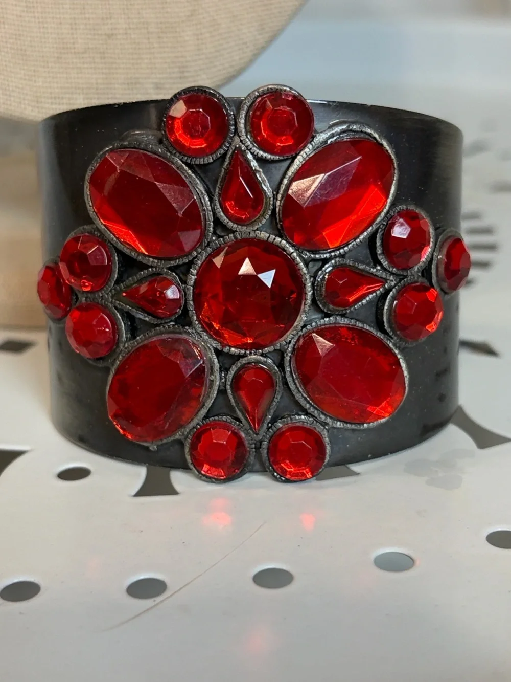 Bold pewter tone Cuff Bracelet with Red Crystal Cluster